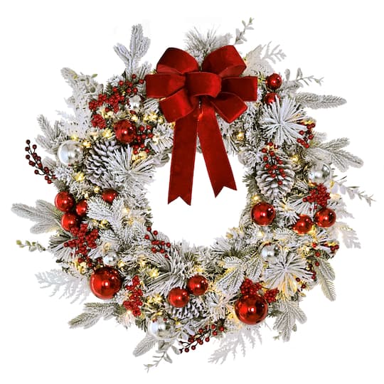 Puleo International 32" Pre-Lit Red Ornaments & Pinecones Flocked Artificial Christmas Wreath